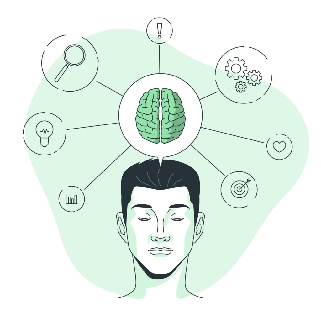 A conceptual illustration of a man with a brain surrounded by icons representing different cognitive functions and intellectual abilities.