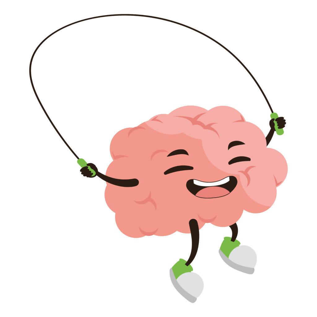 Cartoon brain character happily jumping rope with a smiling face.