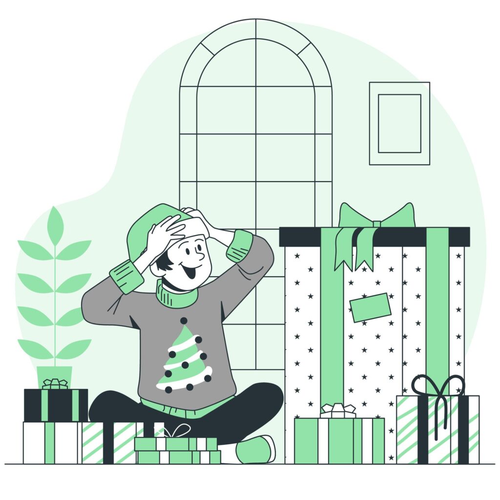 Illustration of a happy person wearing a Christmas sweater, sitting among wrapped gifts, looking excited.